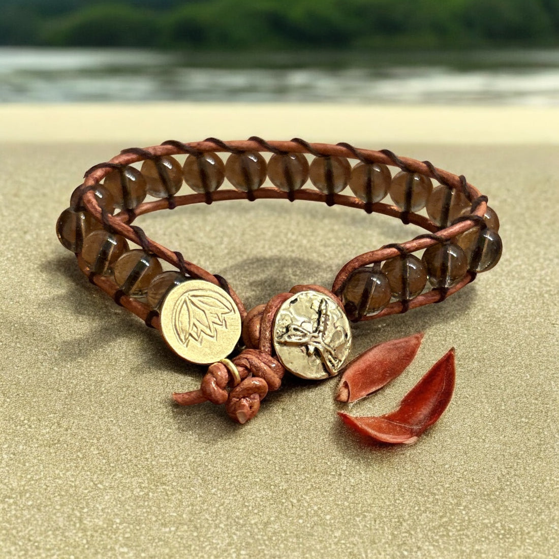 Handmade Smoky Quartz Healing Bracelet — Firefly &amp; Lotus Brass Charm by Dr. Kirsten Sage