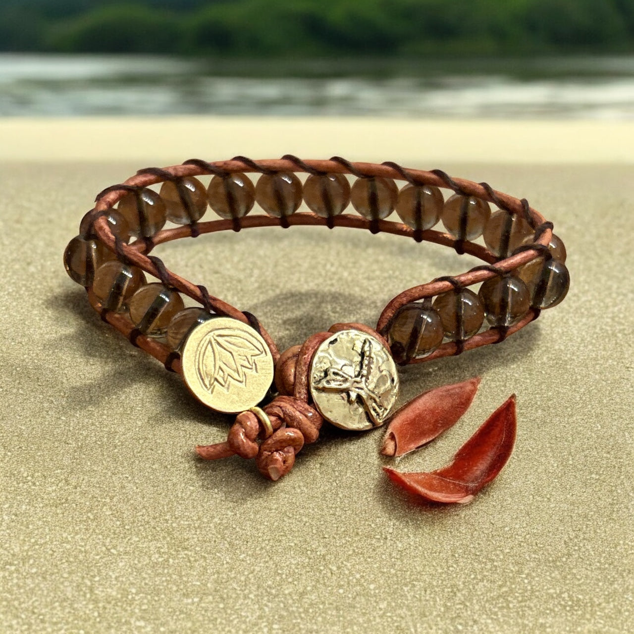 Handmade Smoky Quartz Healing Bracelet — Firefly &amp; Lotus Brass Charm by Dr. Kirsten Sage